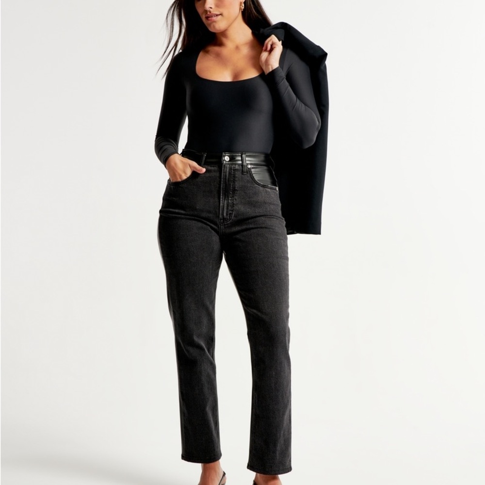 Women's Black High-Waisted Jeans with Faux Leather Details